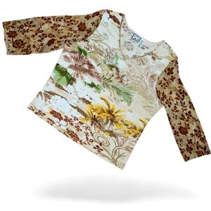 Caribbean Joe Embellished Tropical Print Top Women’s L Sheer Sleeves